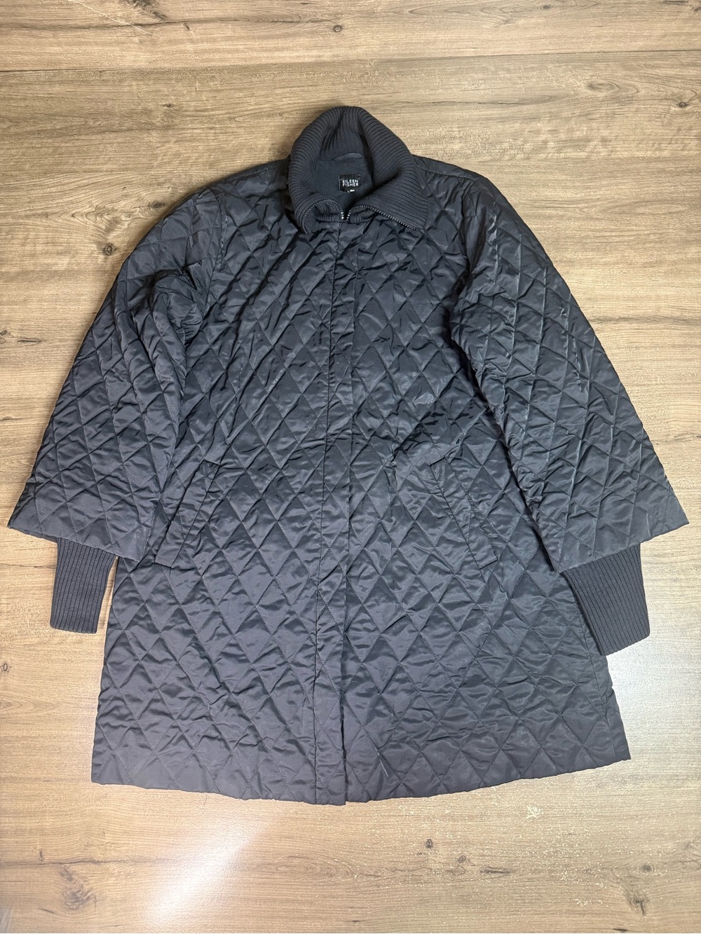 Eileen Fisher Womens Black Quilted Long Coat Ribbed Collar Cuffs Cotton Nylon